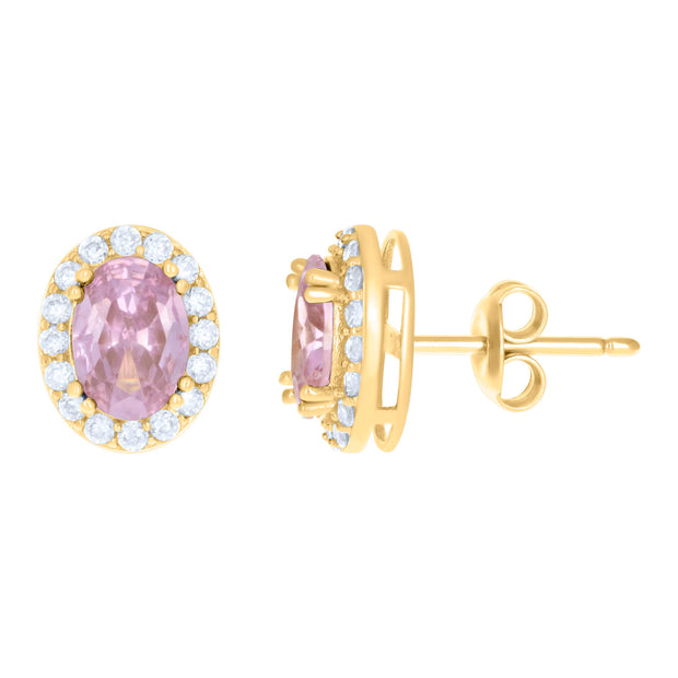 10kt Yellow Gold Womens Pink White Oval Round Cubic-Zirconia Oval Fashion Stud Earrings