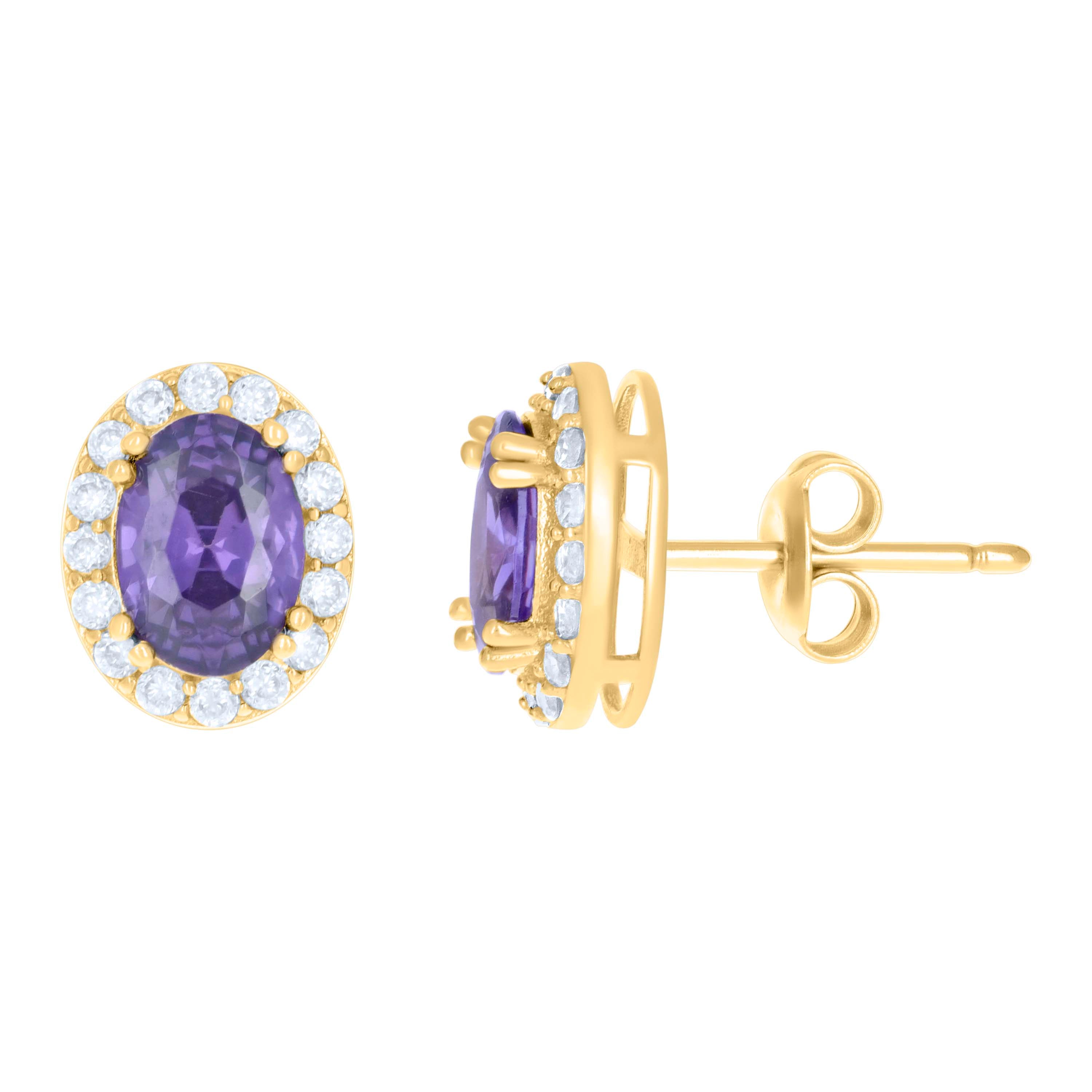10kt Yellow Gold Womens Purple White Oval Round Cubic-Zirconia Oval Fashion Stud Earrings