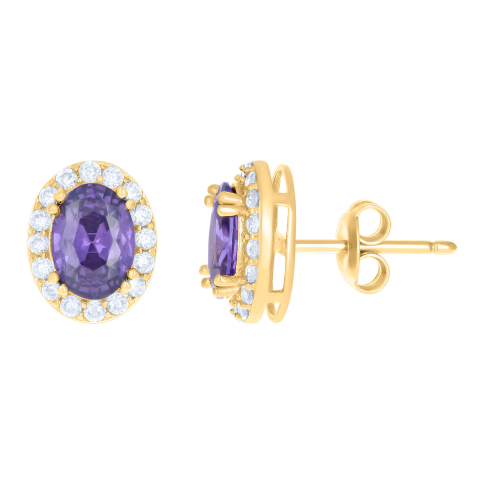 10kt Yellow Gold Womens Purple White Oval Round Cubic-Zirconia Oval Fashion Stud Earrings