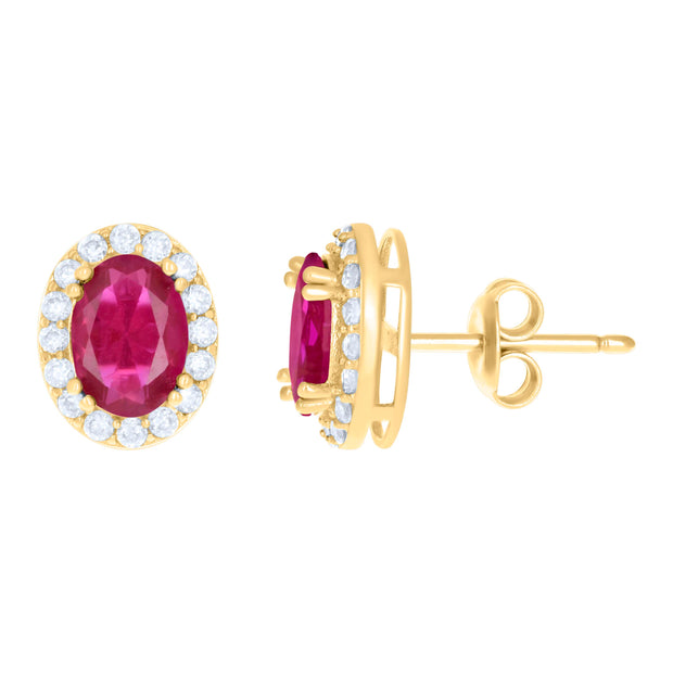 10kt Yellow Gold Womens Red White Oval Round Cubic-Zirconia Oval Fashion Stud Earrings