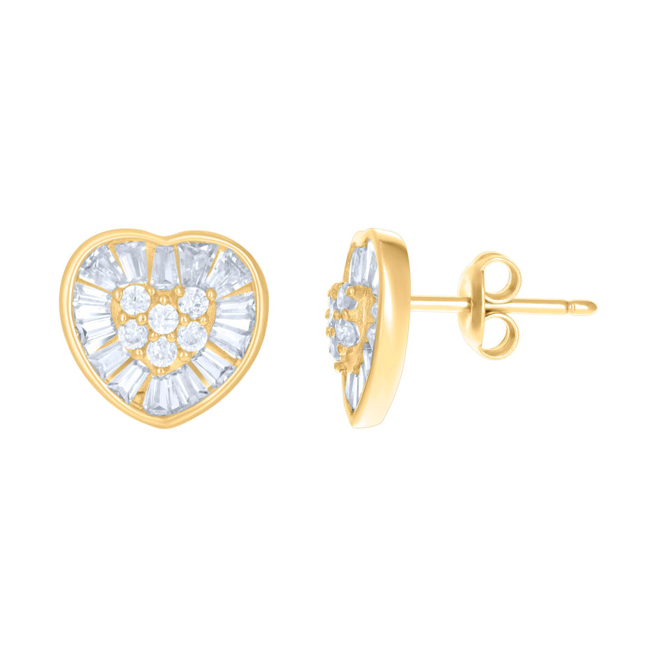 10kt Yellow Gold Womens Baguette Round Cubic-Zirconia Heart Stud Earrings 
