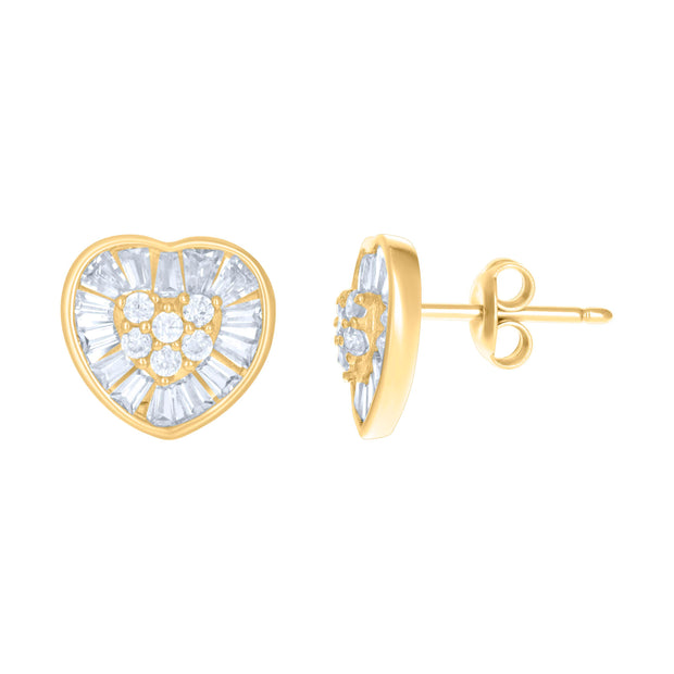 10kt Yellow Gold Womens Baguette Round Cubic-Zirconia Heart Stud Earrings 