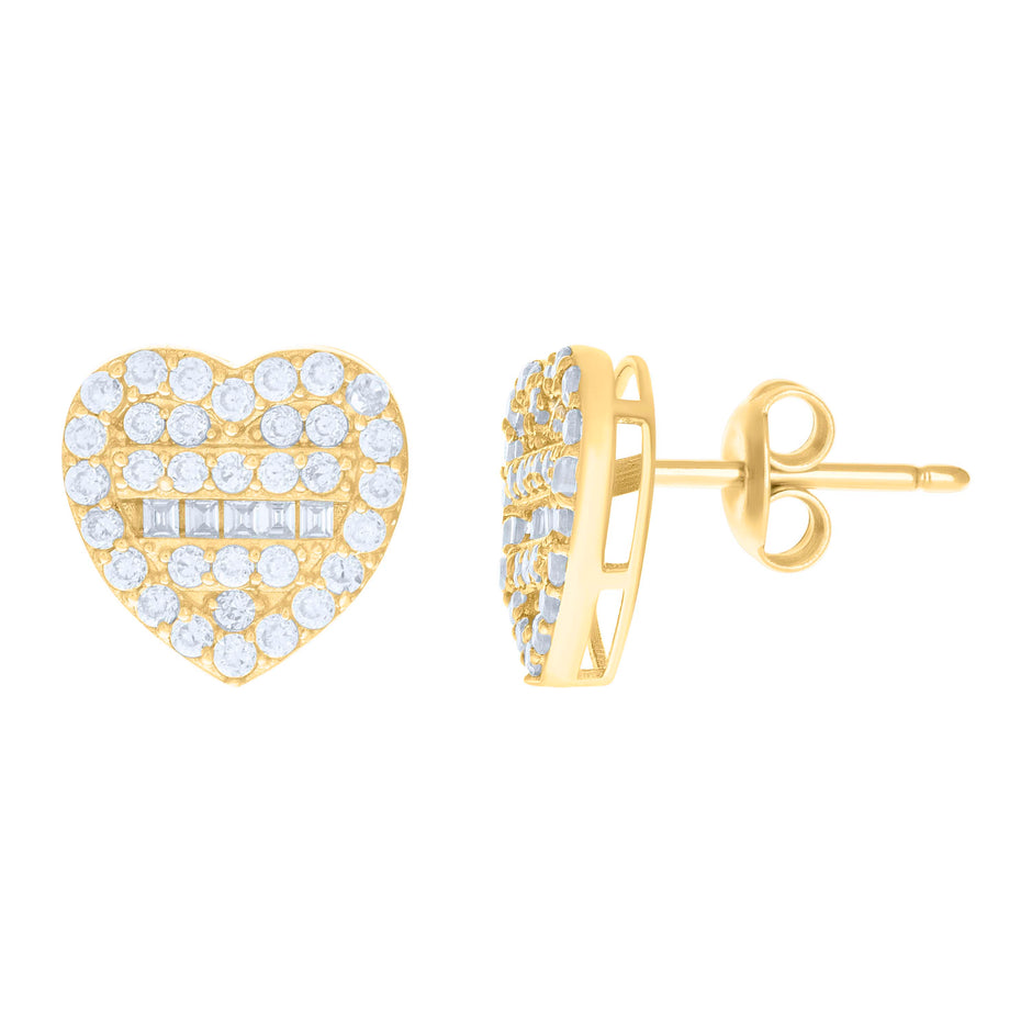 10kt Yellow Gold Womens Baguette Round Cubic-Zirconia Heart Stud Earrings