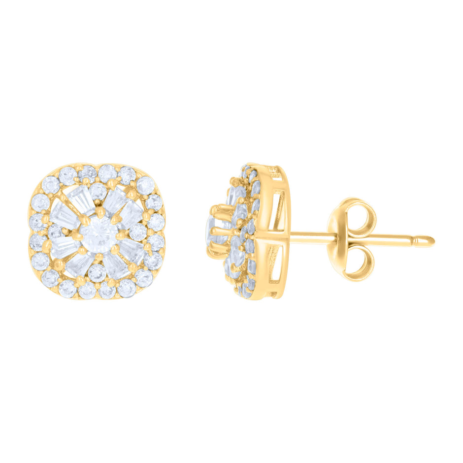 10kt Yellow Gold Womens Baguette Round Cubic-Zirconia Fashion Stud Earrings