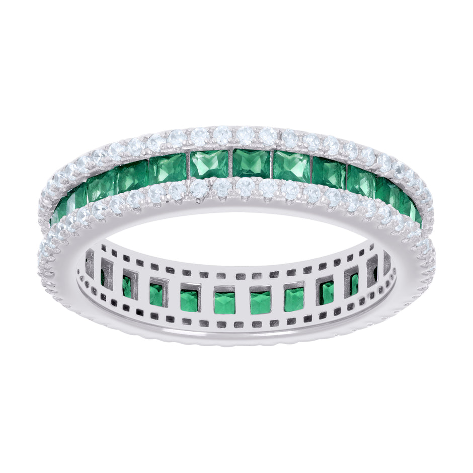 925 Sterling Silver Womens Green White Princess-cut Round Cubic-Zirconia Eternity Wedding Band Ring Size 8 - SLV-128560