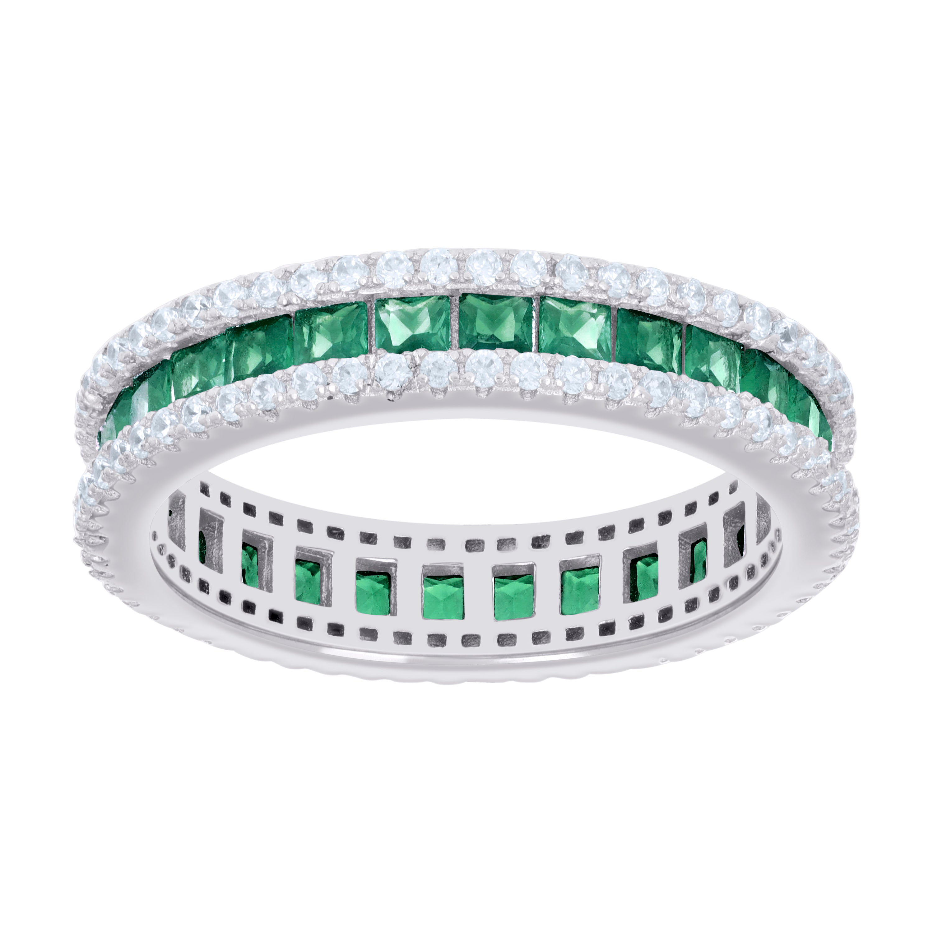 925 Sterling Silver Womens Green White Princess-cut Round Cubic-Zirconia Eternity Wedding Band Ring Size 7 - SLV-128559
