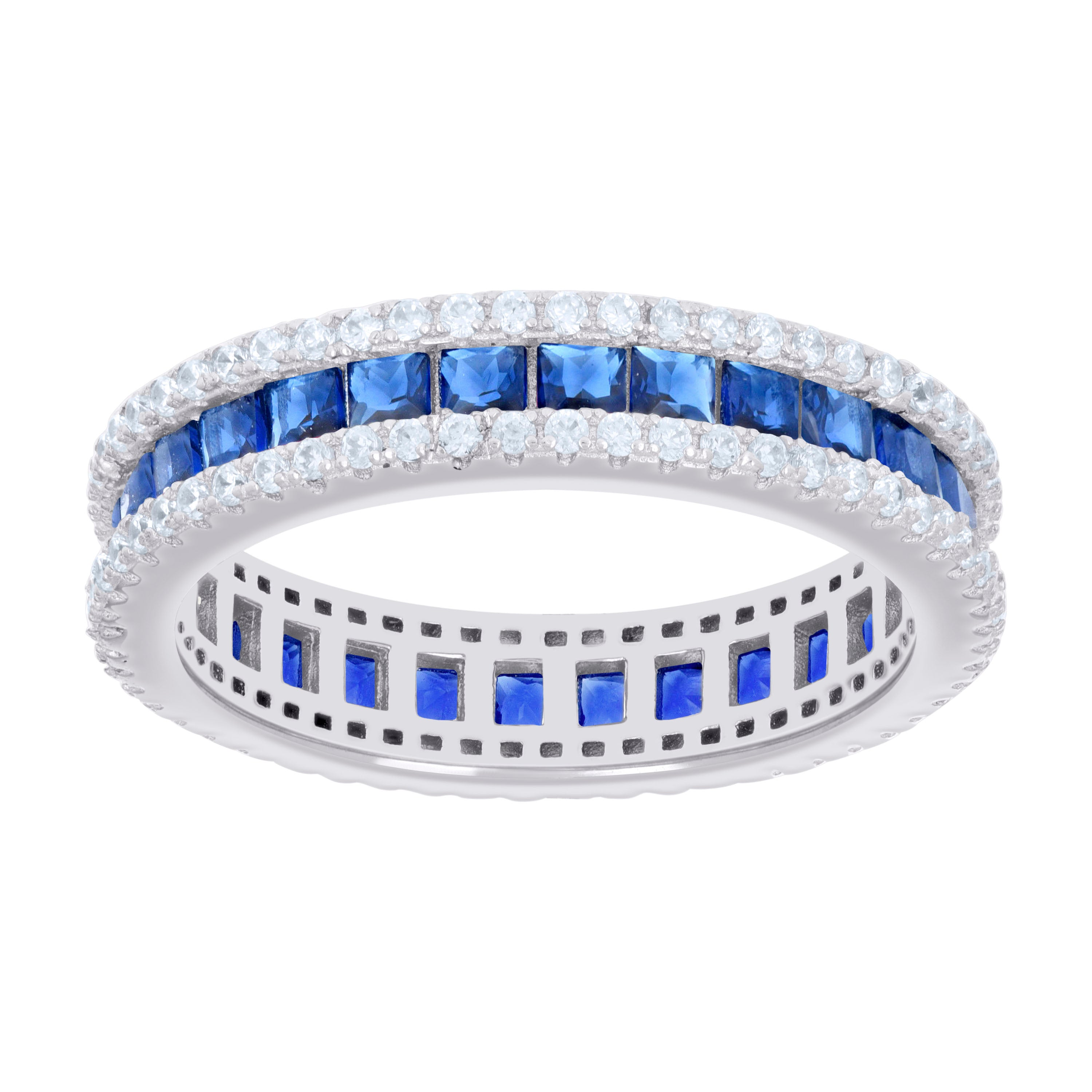 925 Sterling Silver Womens Blue White Princess-cut Round Cubic-Zirconia Eternity Wedding Band Ring Size 8 - SLV-128565
