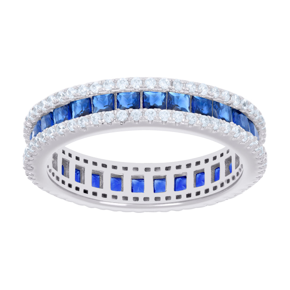 925 Sterling Silver Womens Blue White Princess-cut Round Cubic-Zirconia Eternity Wedding Band Ring Size 8 - SLV-128565