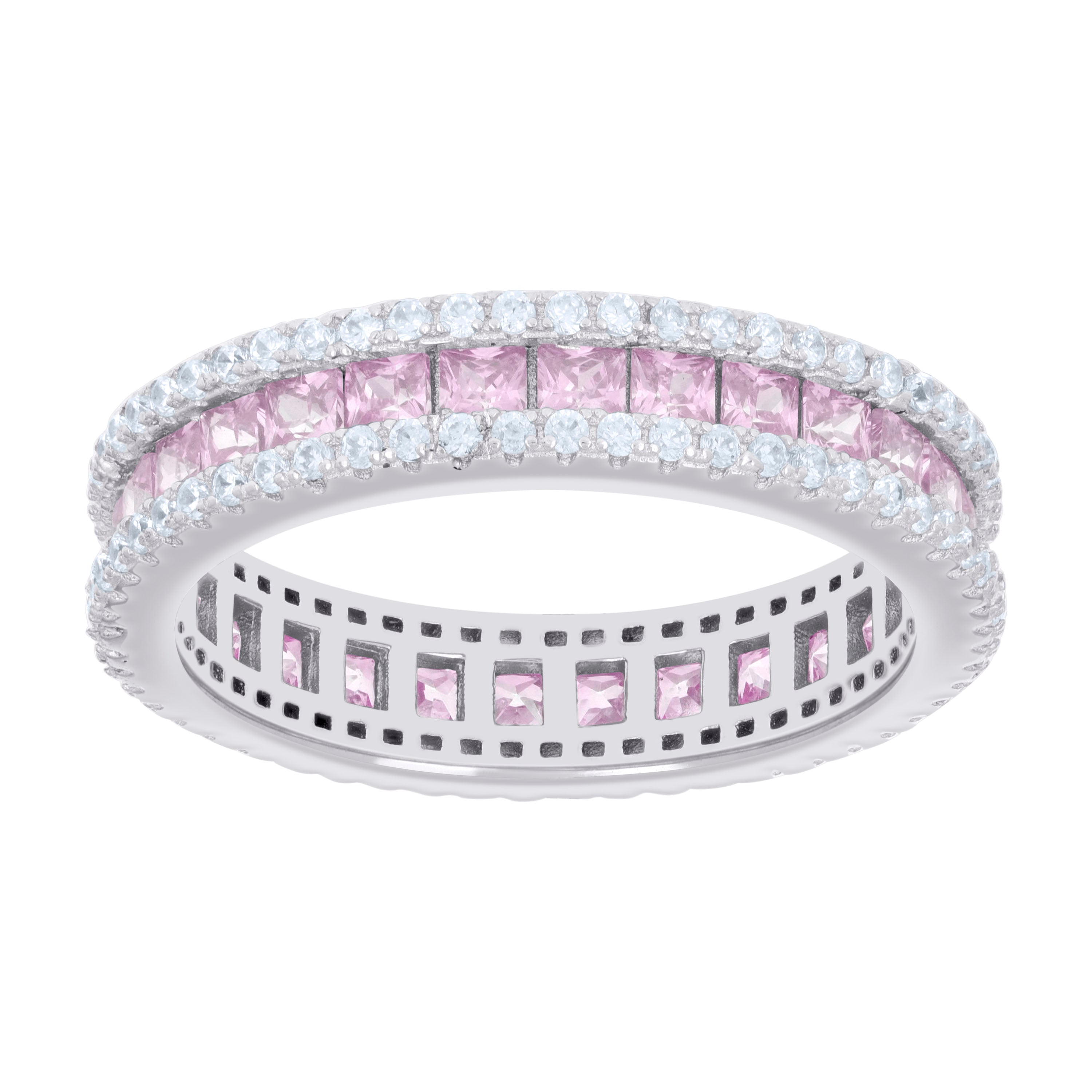 925 Sterling Silver Womens Pink White Princess-cut Round Cubic-Zirconia Eternity Wedding Band Ring Size 8 - SLV-128570