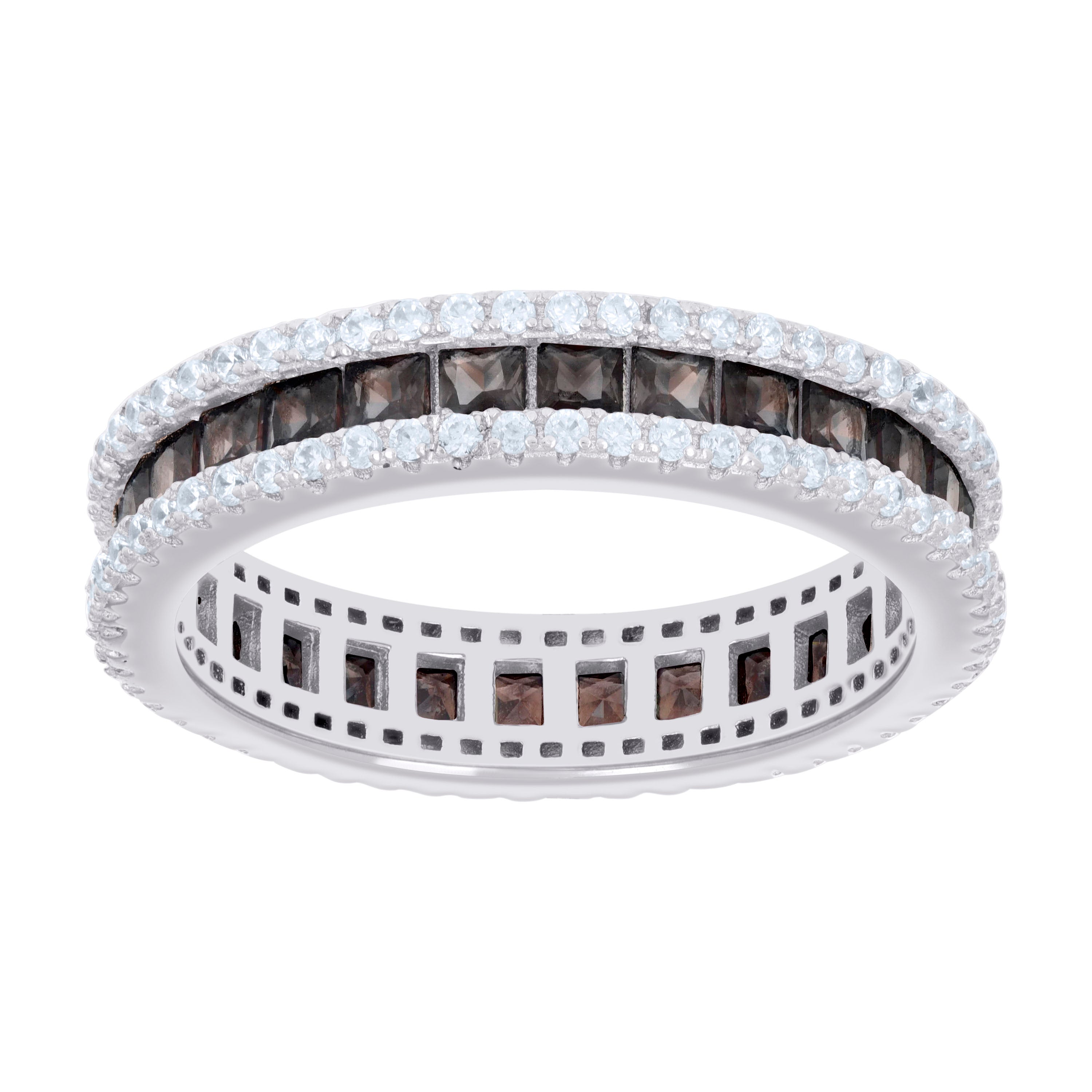 925 Sterling Silver Womens Brown White Princess-cut Round Cubic-Zirconia Eternity Wedding Band Ring Size 6