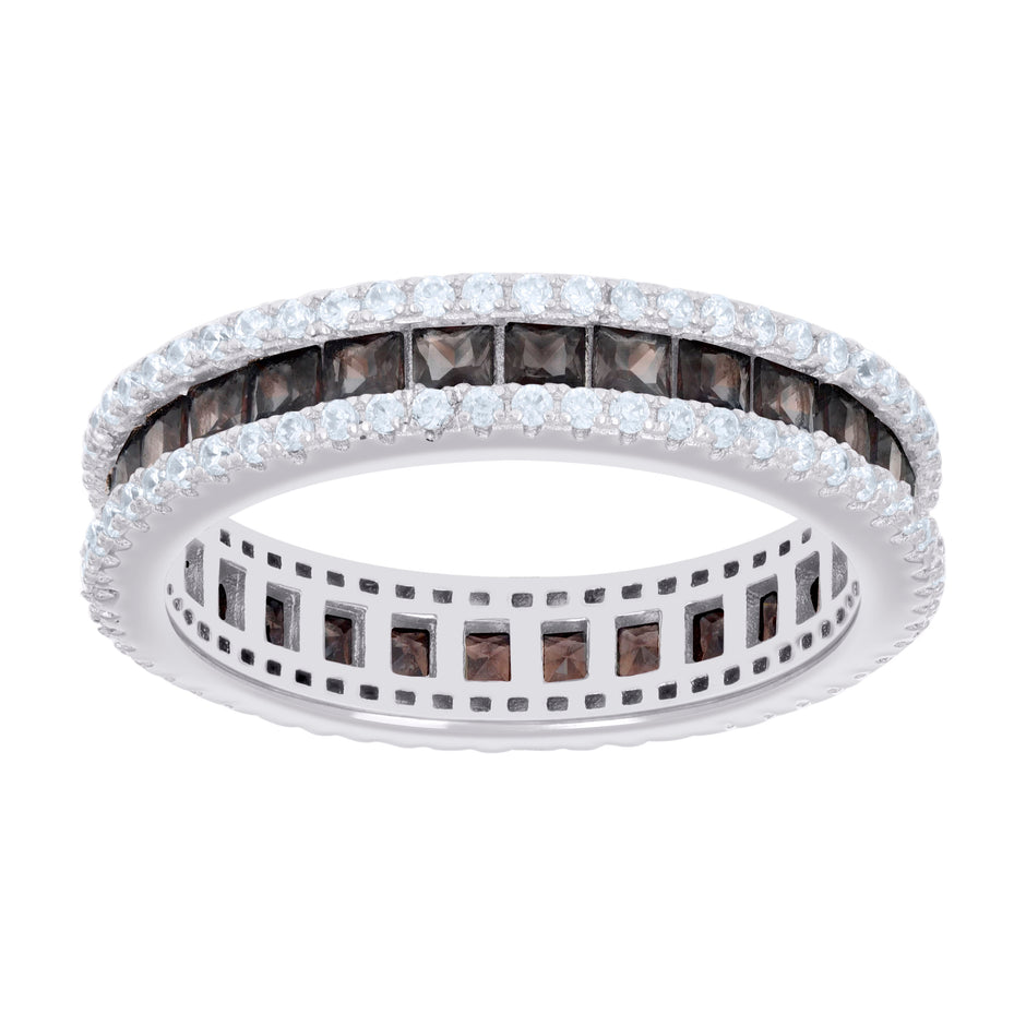 925 Sterling Silver Womens Brown White Princess-cut Round Cubic-Zirconia Eternity Wedding Band Ring Size 7 - SLV-128579