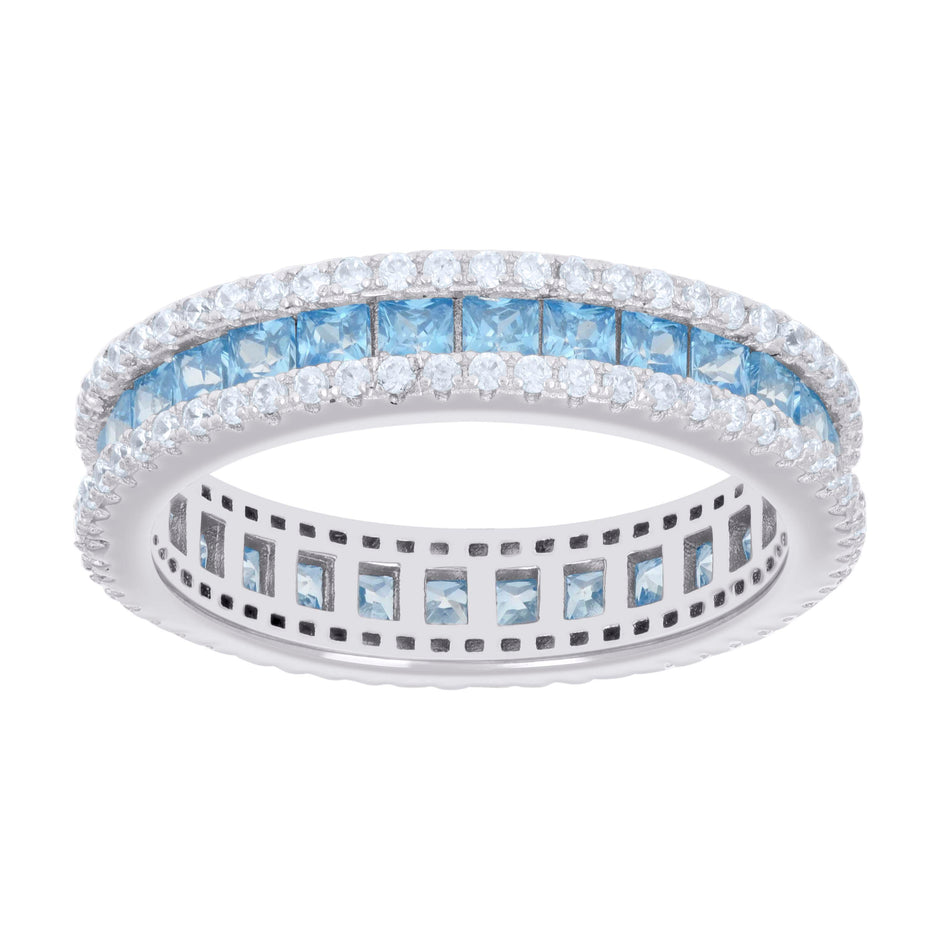 925 Sterling Silver Womens Sky Blue White Princess-cut Round Cubic-Zirconia Eternity Wedding Band Ring Size 6