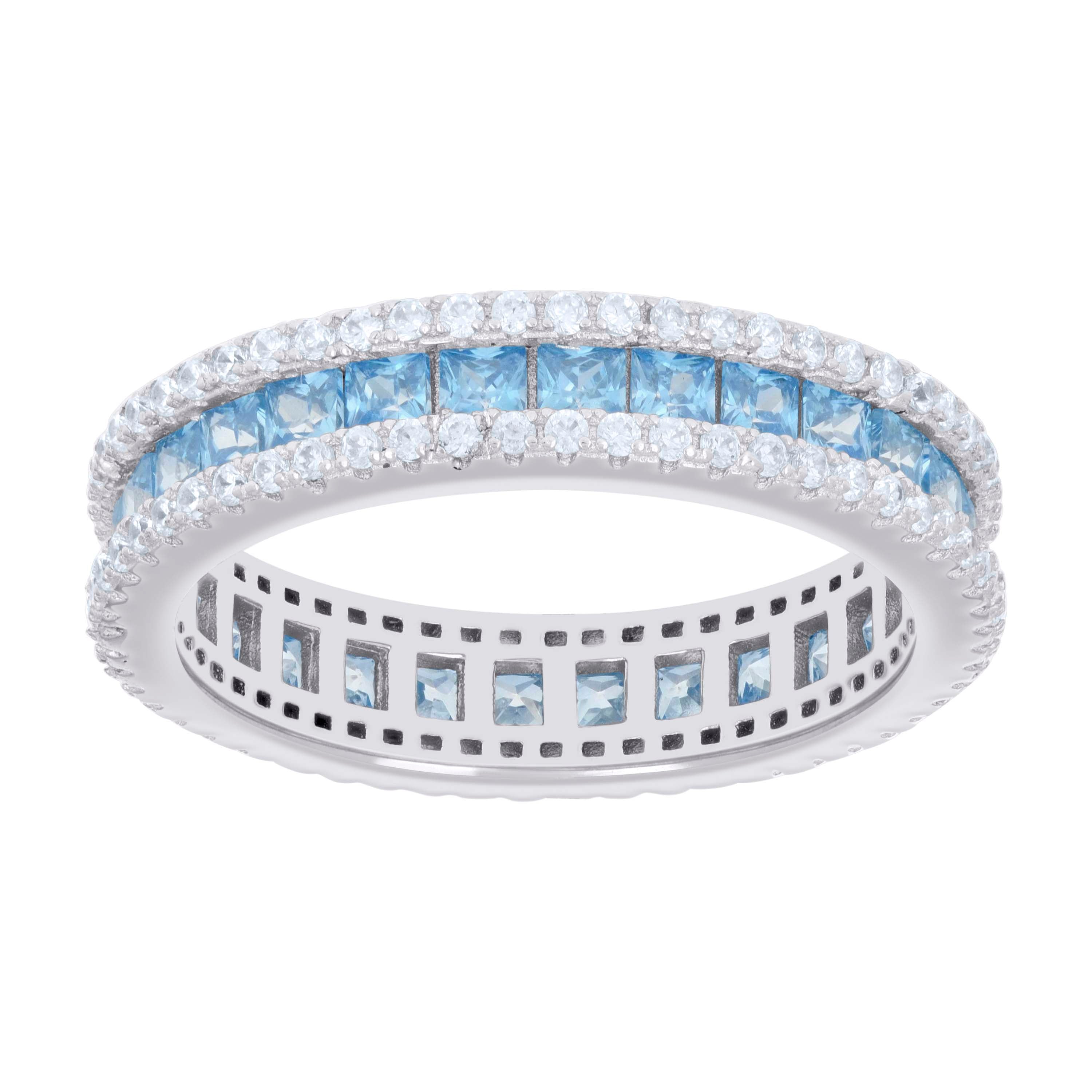 925 Sterling Silver Womens Sky Blue White Princess-cut Round Cubic-Zirconia Eternity Wedding Band Ring Size 8 - SLV-128585