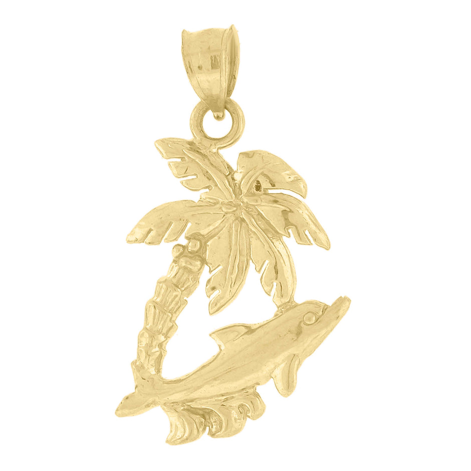 10kt Yellow Gold Womens Hawaiian Palm Tree Dolphin Animal Charm Pendant