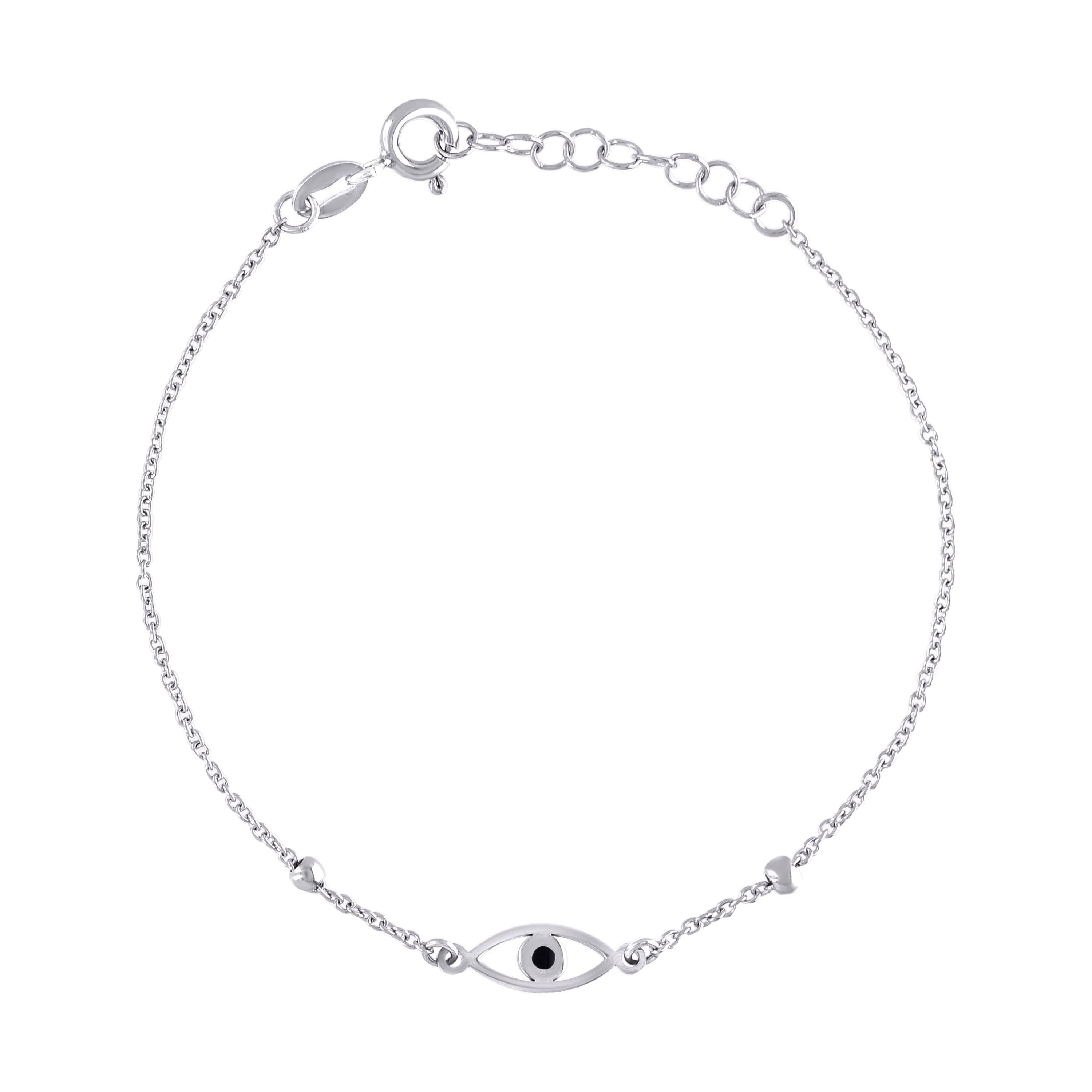 925 Sterling Silver Womens Black Enameled Evil Eye Good Luck Charm Bracelet Size 7.5 Inches 