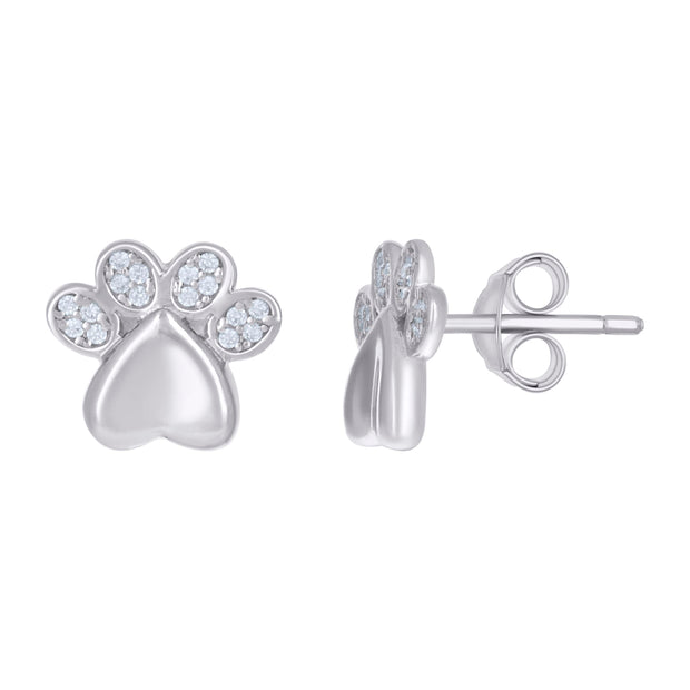 925 Sterling Silver Womens Cubic-Zirconia Paw Print Fashion Stud Earrings