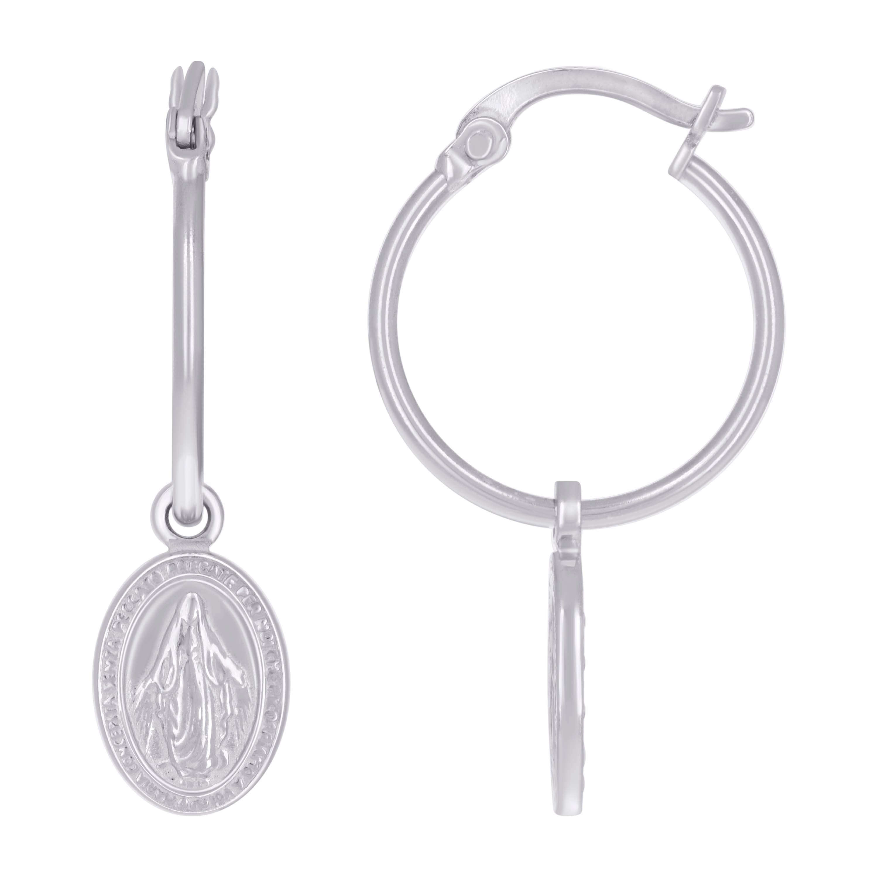 925 Sterling Silver Womens Miraculous Medal Religious Dangle Hoop Earrings