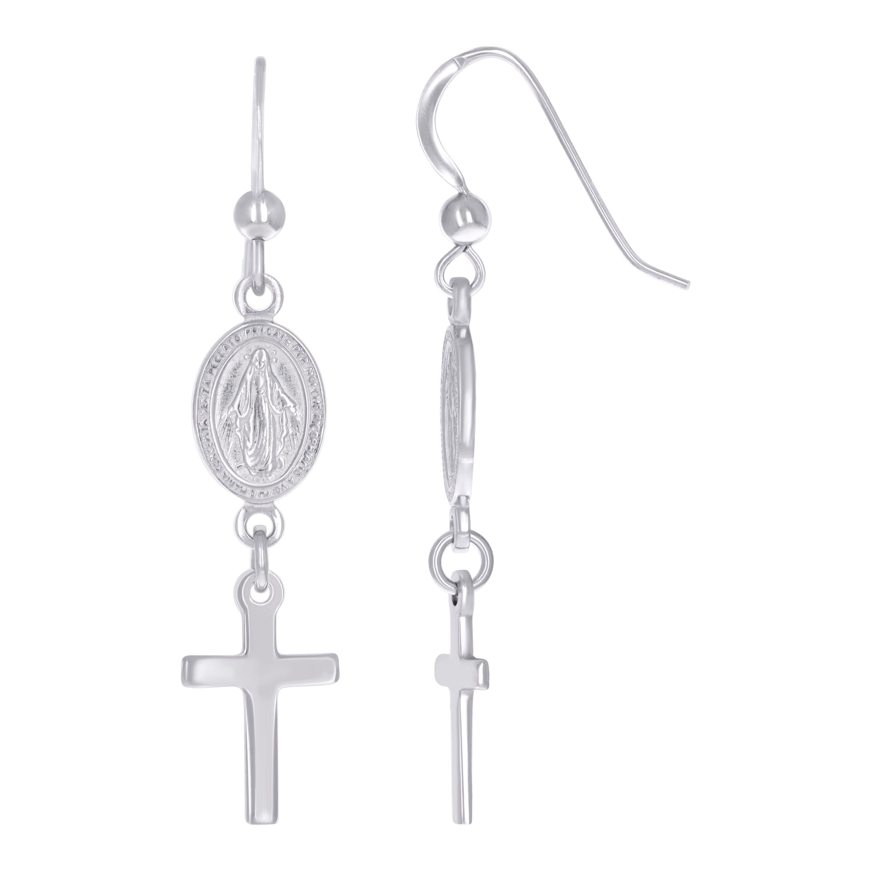 925 Sterling Silver Womens Miraculous Medal Cross Religious Danglers Earrings