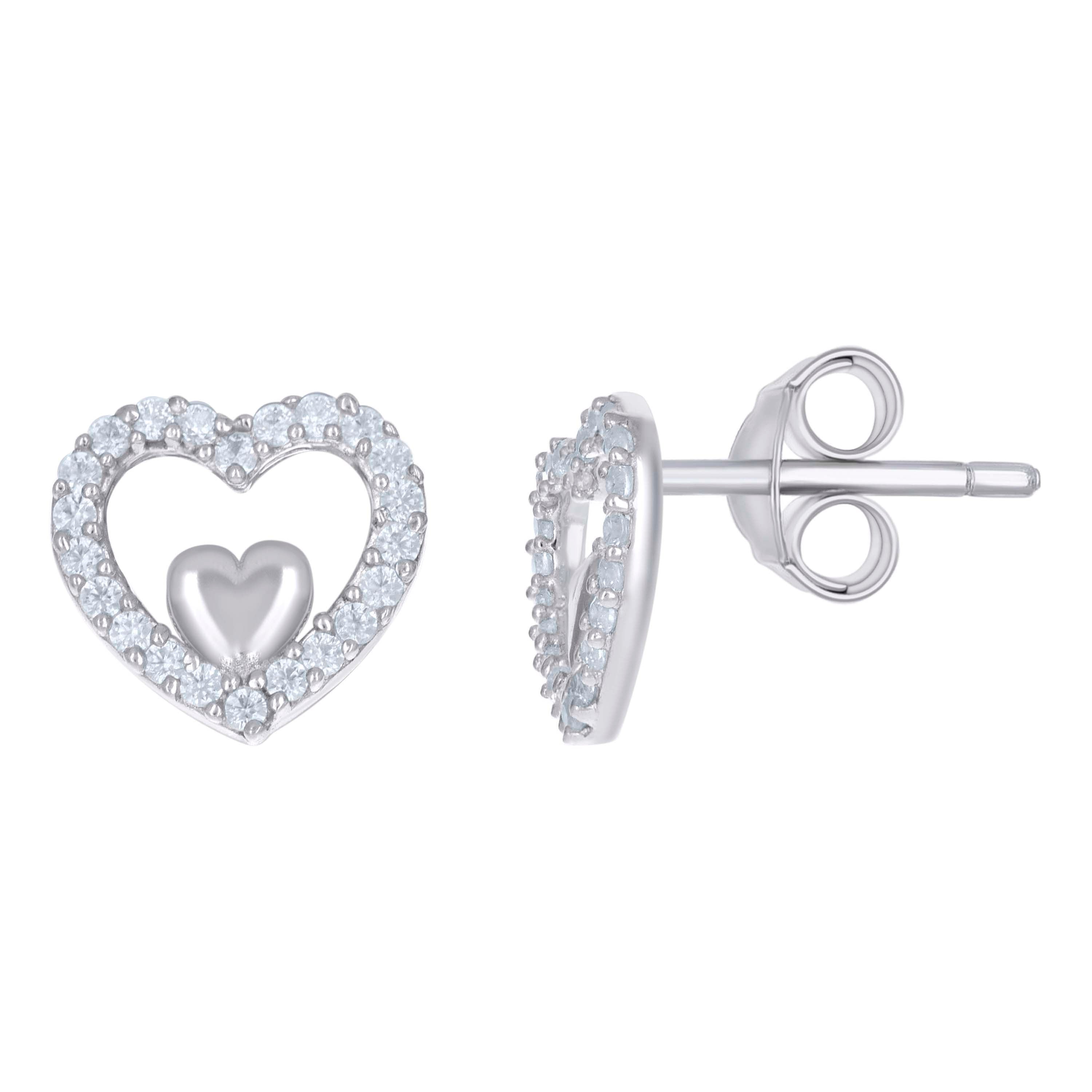 925 Sterling Silver Womens Cubic-Zirconia Heart Stud Earrings