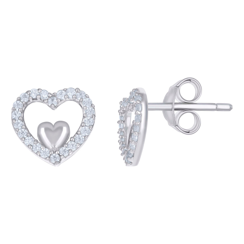 925 Sterling Silver Womens Cubic-Zirconia Heart Stud Earrings