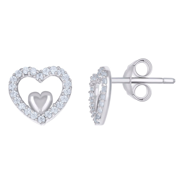 925 Sterling Silver Womens Cubic-Zirconia Heart Stud Earrings