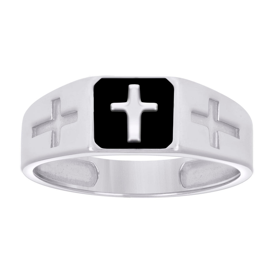 925 Sterling Silver Mens Black Enameled Cross Religious Ring Size 11 - SLV-129267