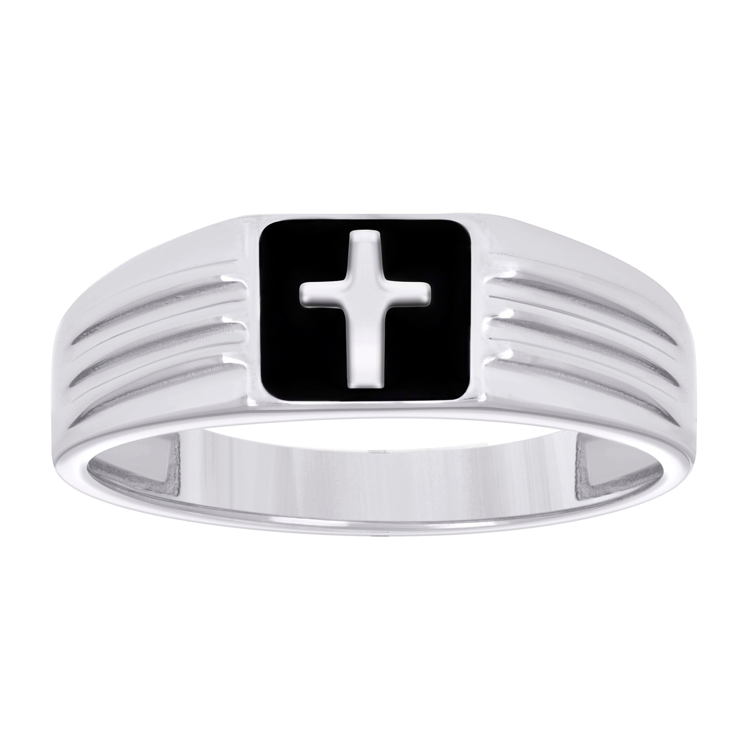 925 Sterling Silver Mens Black Enameled Cross Religious Ring Size 10 - SLV-129272