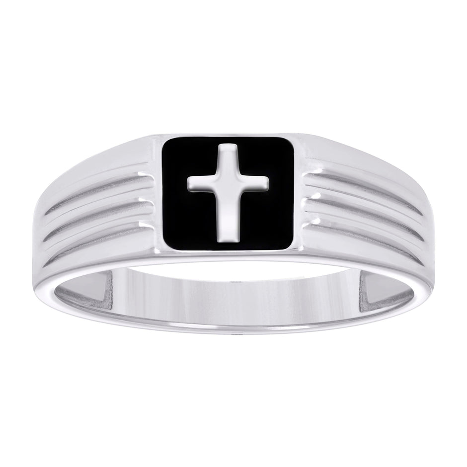 925 Sterling Silver Mens Black Enameled Cross Religious Ring Size 11 - SLV-129273