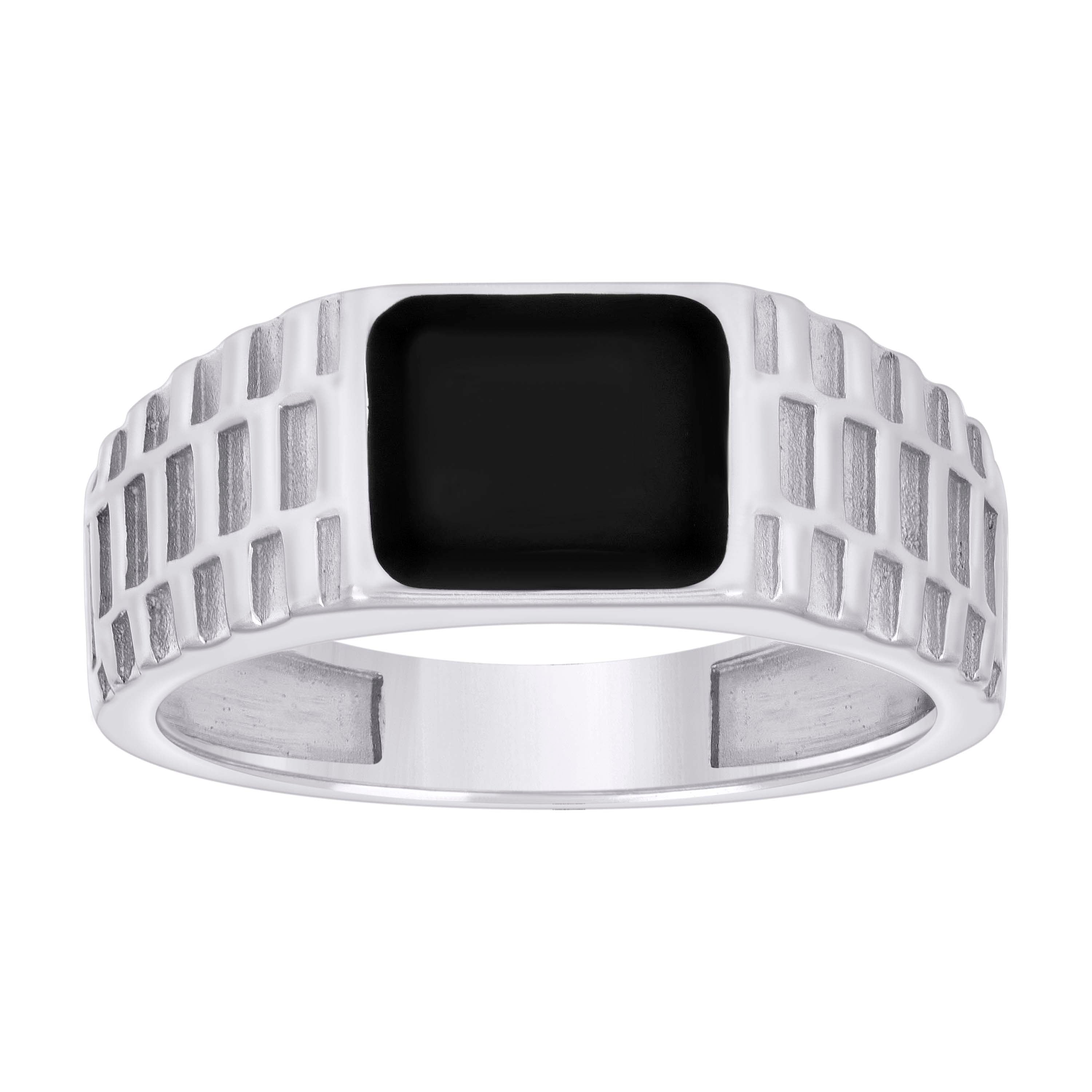 925 Sterling Silver Mens Black Enameled Square Head Fashion Ring Size 8 - SLV-129278