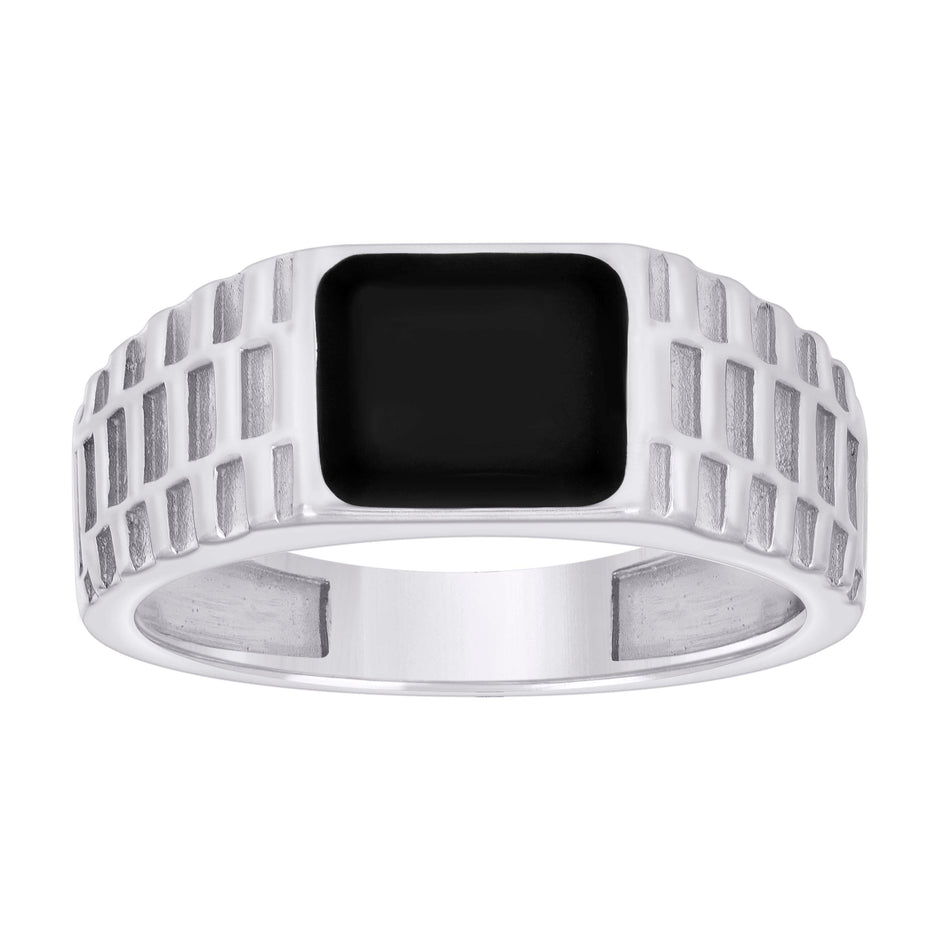 925 Sterling Silver Mens Black Enameled Square Head Fashion Ring Size 11 - SLV-129281
