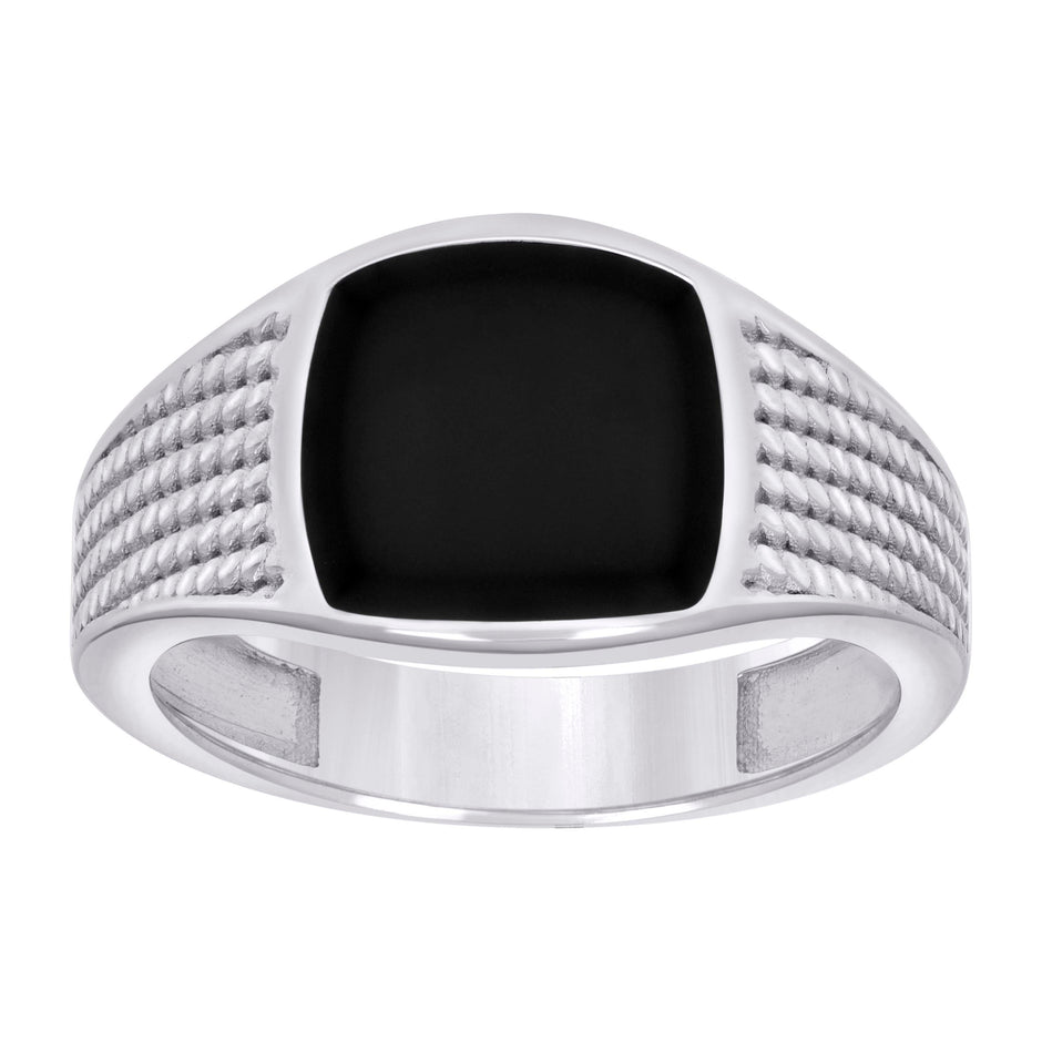 925 Sterling Silver Mens Black Enameled Square Head Fashion Ring Size 12 - SLV-129343