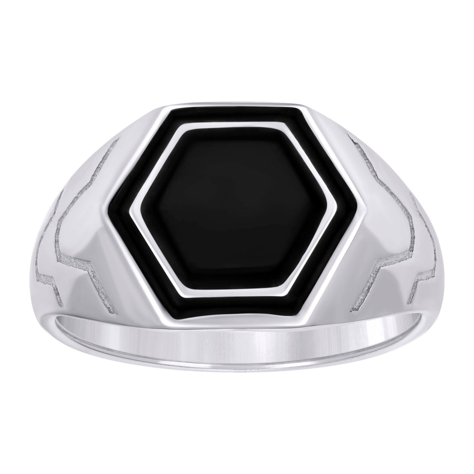 925 Sterling Silver Mens Black Enameled Octagon Head Fashion Ring Size 10 - SLV-129369