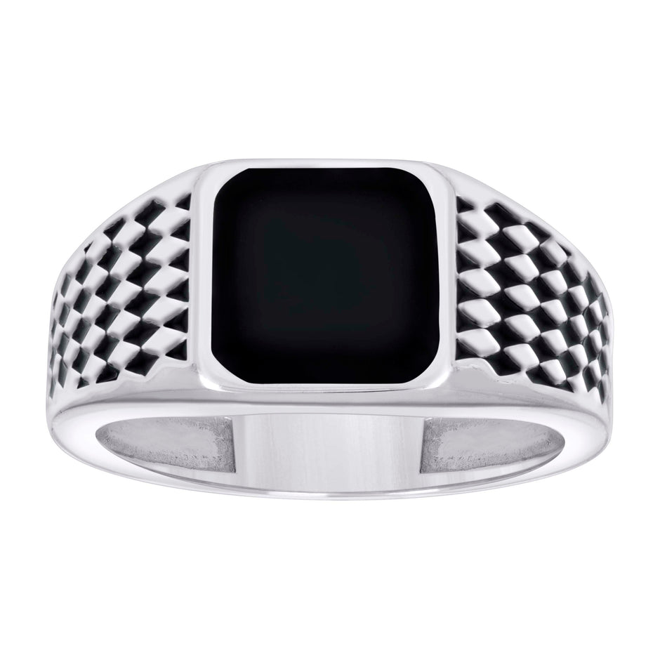925 Sterling Silver Mens Black Enameled Square Head Fashion Ring Size 9 - SLV-129375