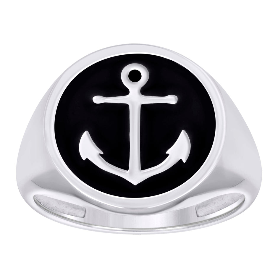 925 Sterling Silver Mens Black Enameled Anchor Nautical Fashion Ring Size 11 - SLV-129391