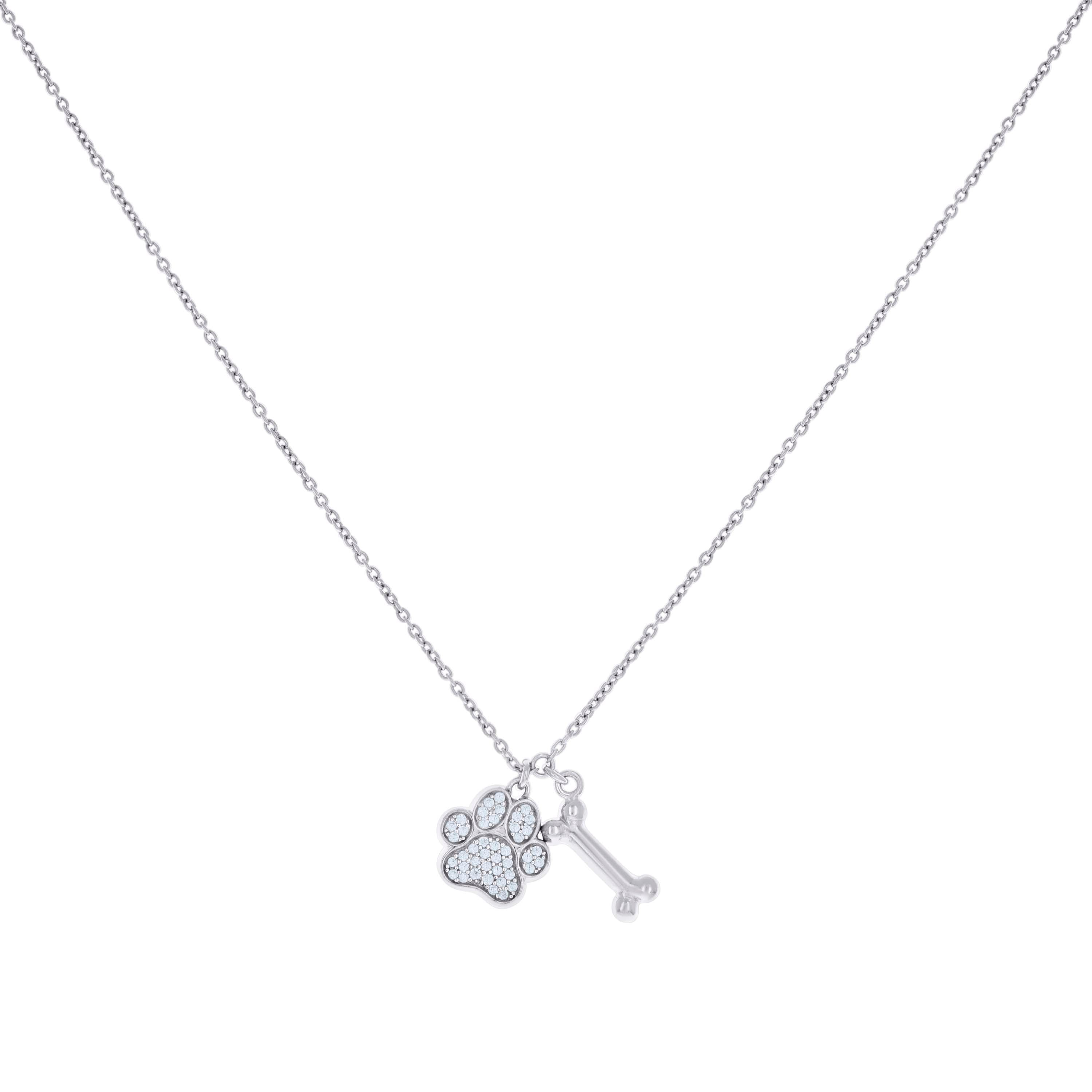 925 Sterling Silver Womens Cubic-Zirconia Paw Print & Bone Fashion Charm Necklace