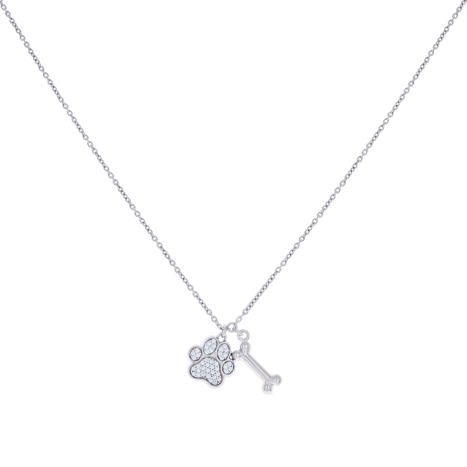 925 Sterling Silver Womens Cubic-Zirconia Paw Print & Bone Fashion Charm Necklace