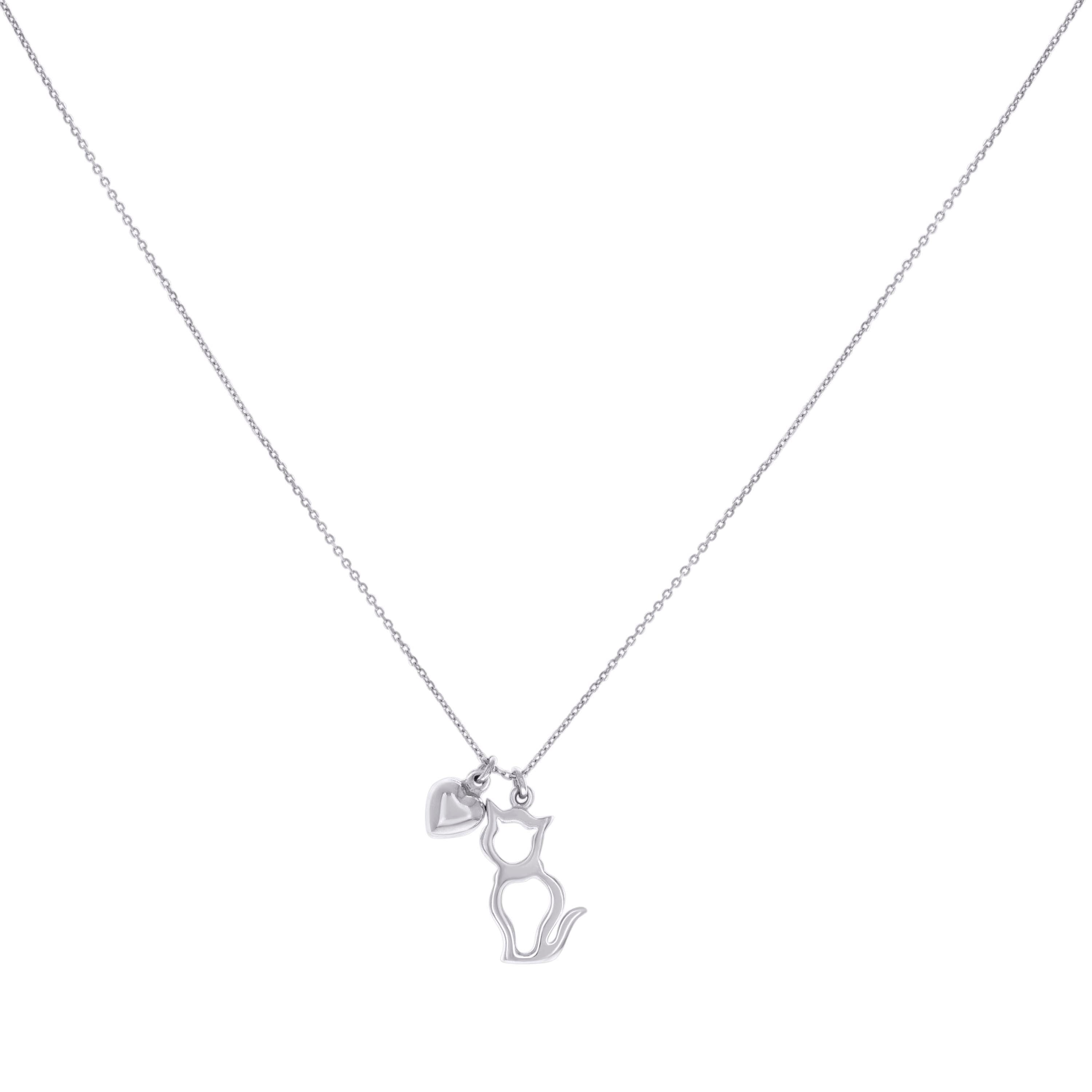 925 Sterling Silver Womens Cat & Heart Fashion Charm Necklace