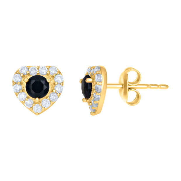 10kt Yellow Gold Womens Black White Cubic-Zirconia Heart Stud Earrings