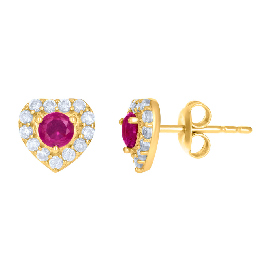 10kt Yellow Gold Womens Red White Cubic-Zirconia Heart Stud Earrings