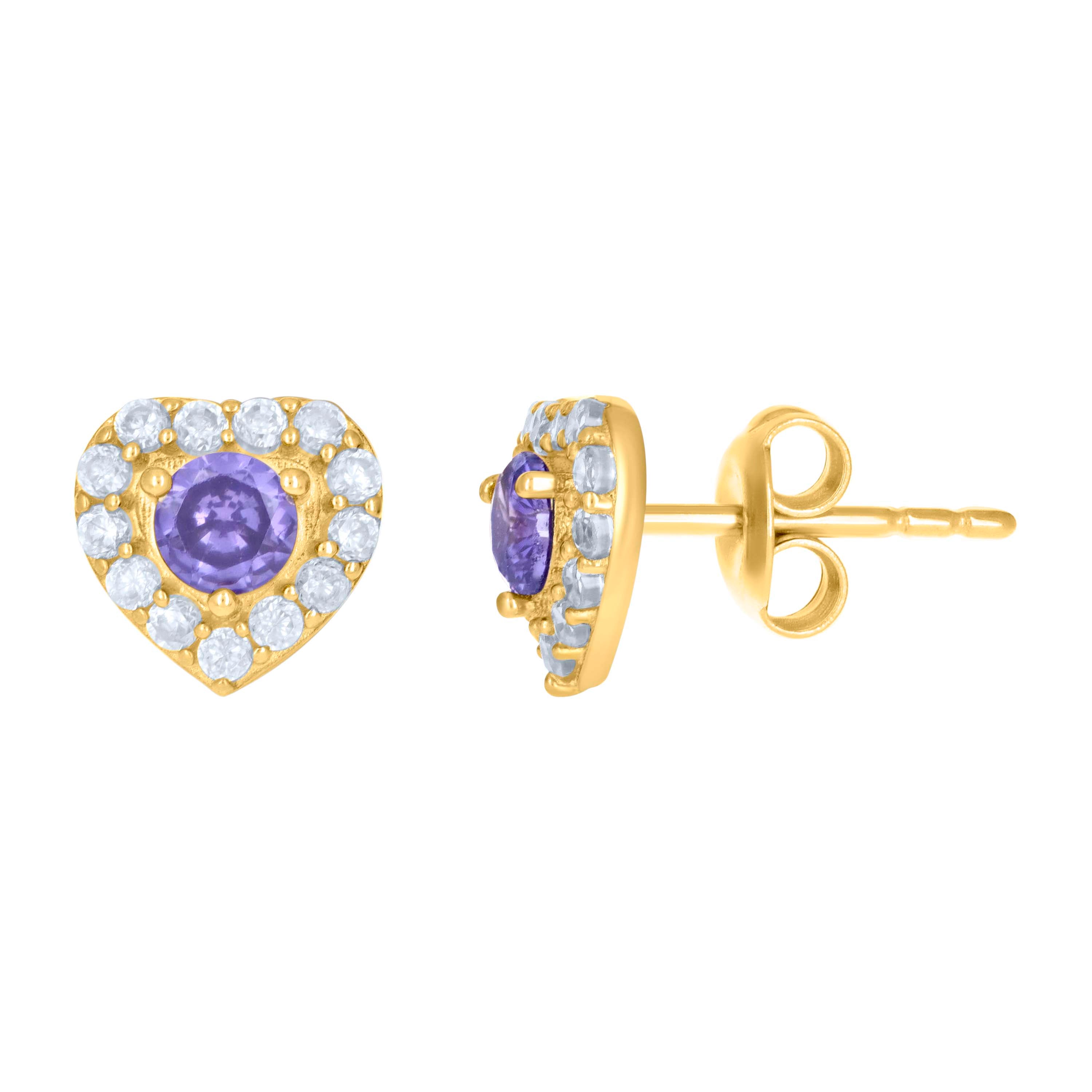 10kt Yellow Gold Womens Purple White Cubic-Zirconia Heart Stud Earrings