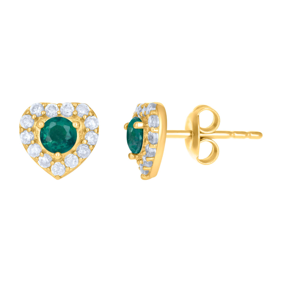 10kt Yellow Gold Womens Green White Cubic-Zirconia Heart Stud Earrings