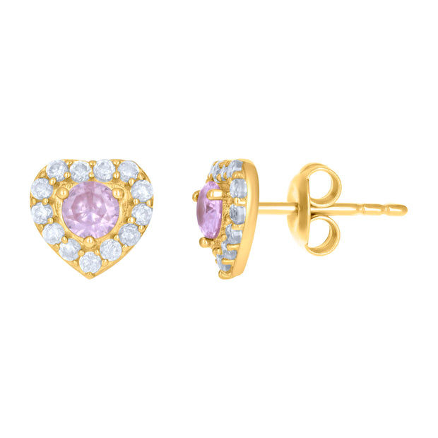 10kt Yellow Gold Womens Pink White Cubic-Zirconia Heart Stud Earrings