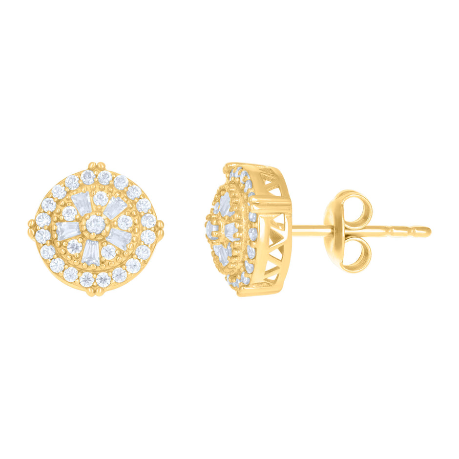 10kt Yellow Gold Womens Baguette Round Cubic-Zirconia Fashion Stud Earrings