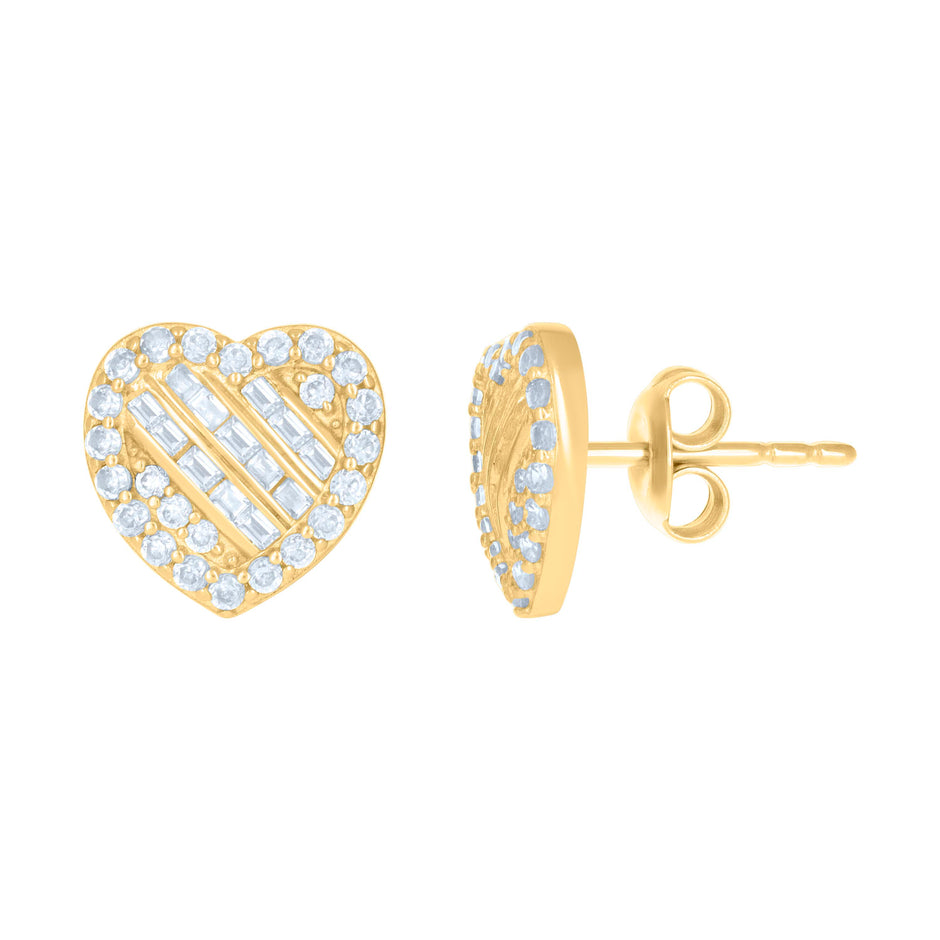 10kt Yellow Gold Womens Baguette Round Cubic-Zirconia Heart Stud Earrings