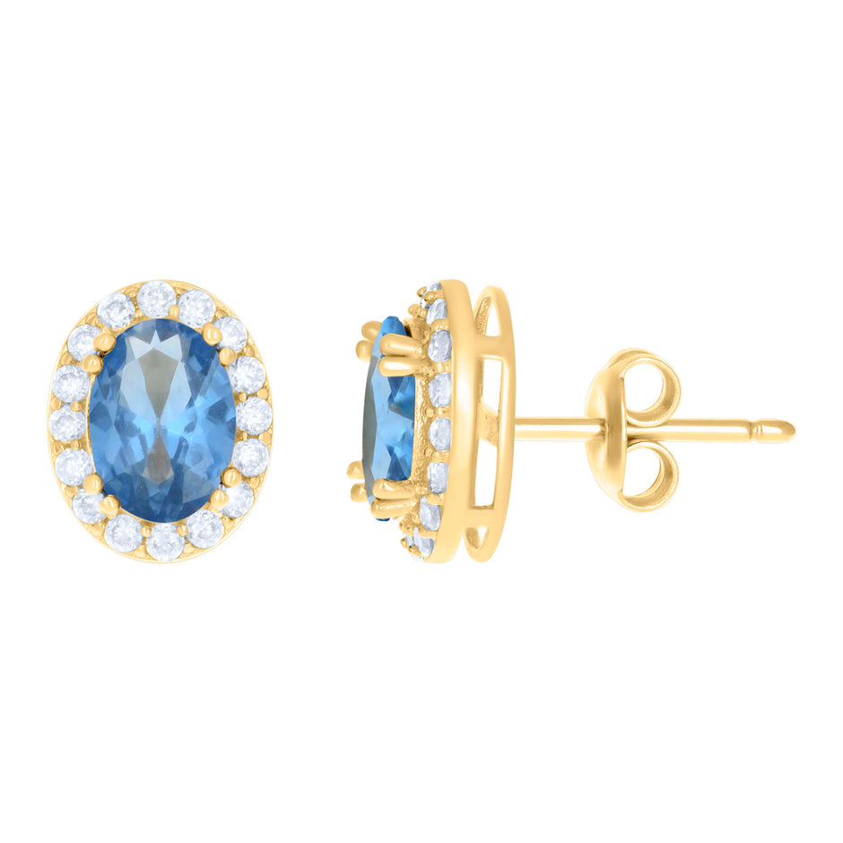 10kt Yellow Gold Womens Blue White Oval Round Cubic-Zirconia Oval Fashion Stud Earrings
