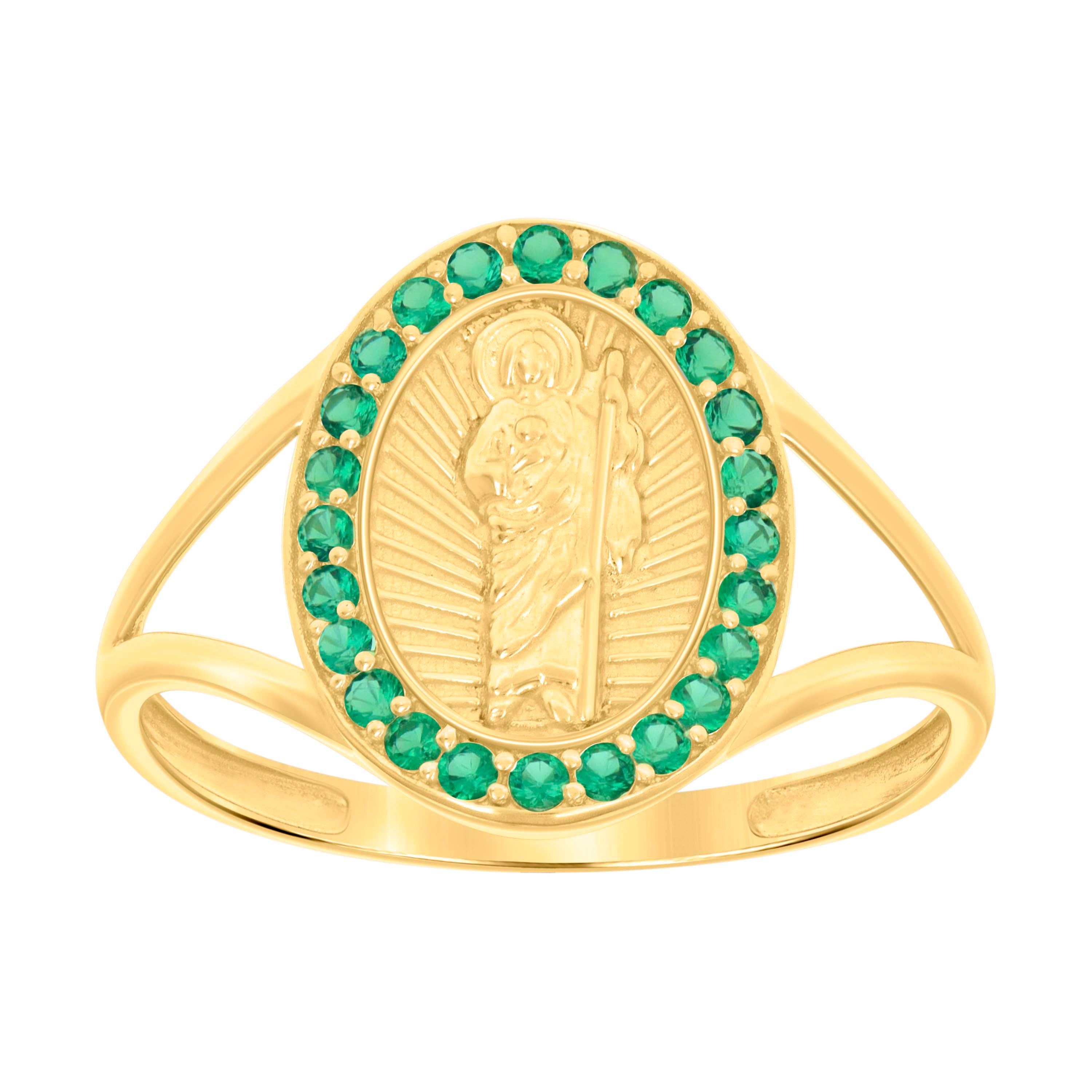 10kt Yellow Gold Womens Green Cubic-Zirconia St. Jude Saints Religious Ring