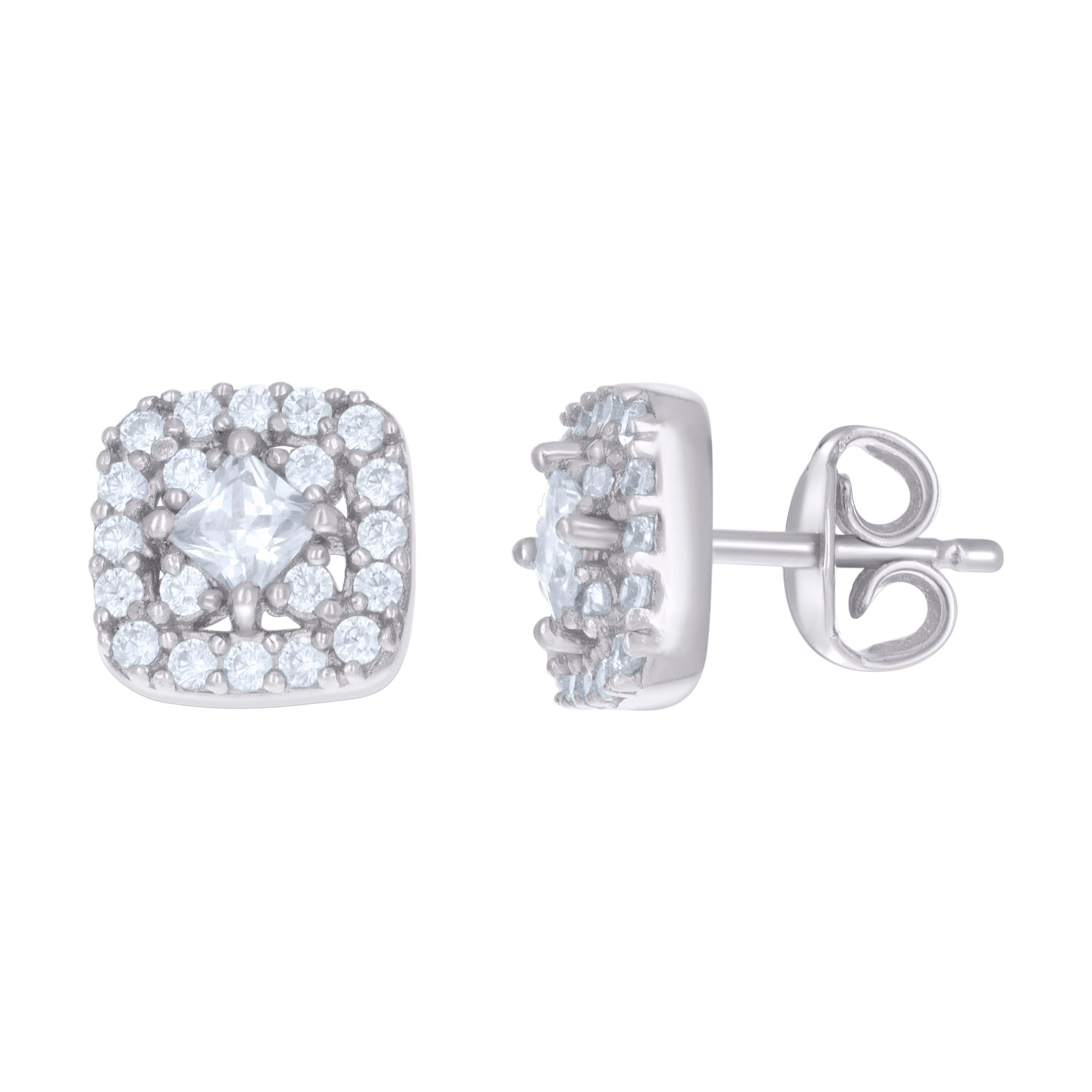 925 Sterling Silver Womens Princess-Cut Round Cubic-Zirconia Square Stud Earrings