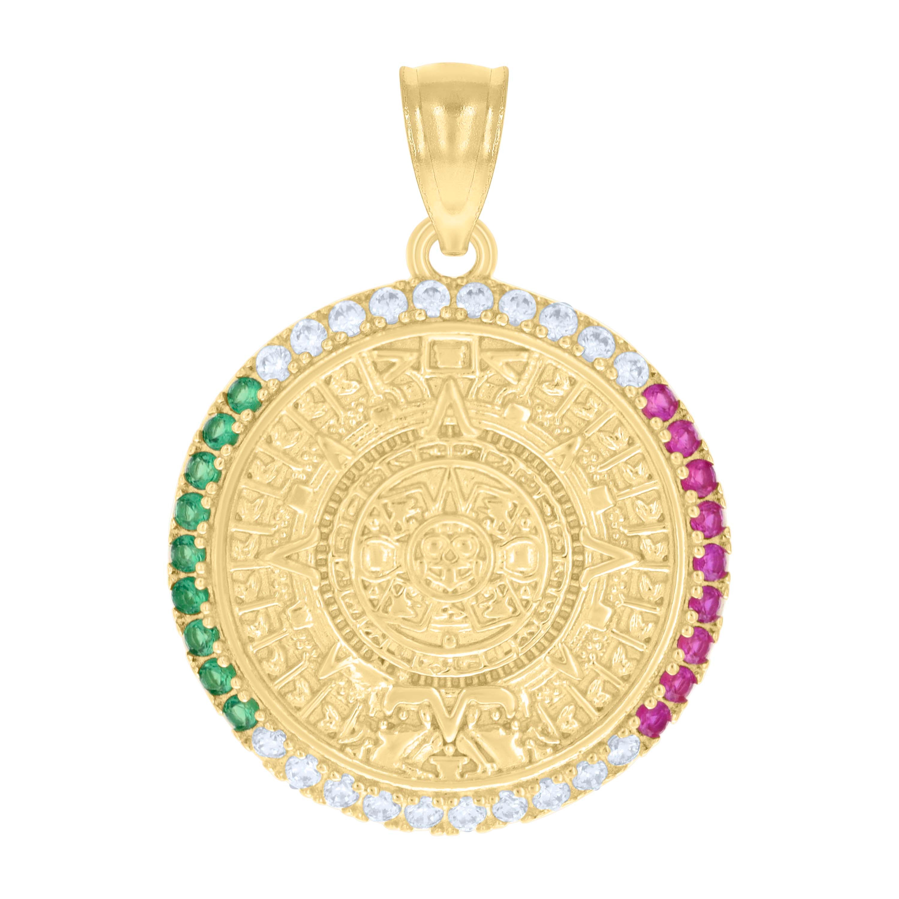 10kt Yellow Gold Mens Green/Purple White Cubic-Zirconia Aztec Calendar Fashion Charm Pendant