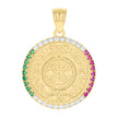 10kt Yellow Gold Mens Green/Purple White Cubic-Zirconia Aztec Calendar Fashion Charm Pendant
