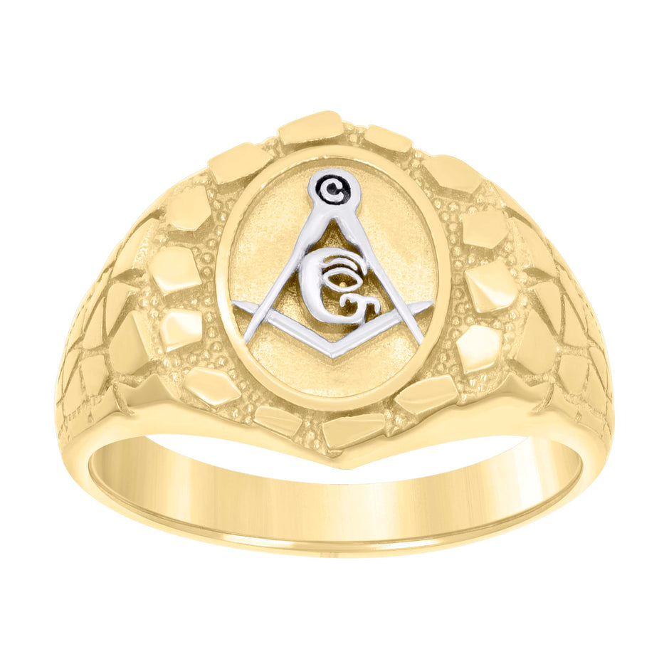 10kt Two-tone Gold Mens Masonic Symbol Nugget Ring